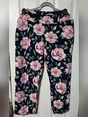 Floral Print Navyleggings M with Pink Blooms
